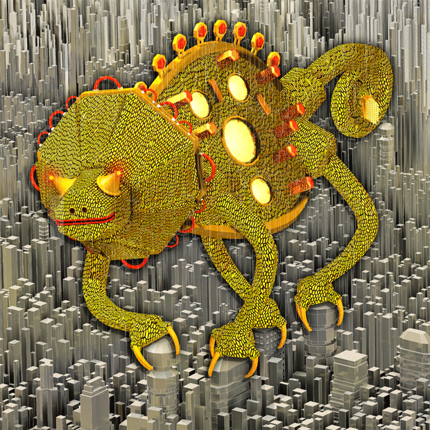 illustration-chameleon-620 A Huge yellow electronic chameleon clings to Silver cityscape looking for you