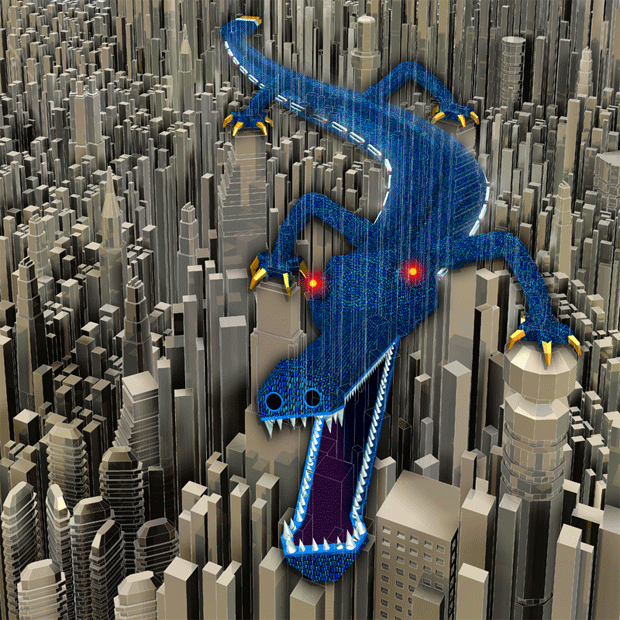 illustration-crocodile-620 Enormous blue electronic alligator skims across the Steel cityscape looking for you