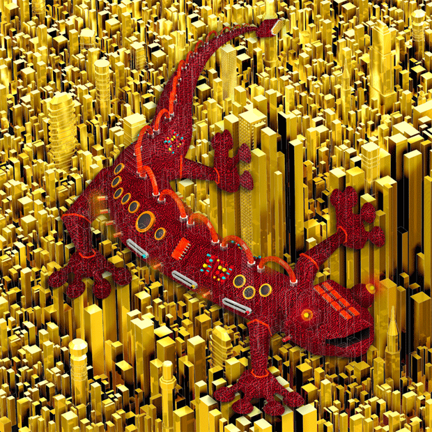 illustration-gecko-620 Sassy red electronic gecko crawls through the golden city sucking and un sucking looking for you