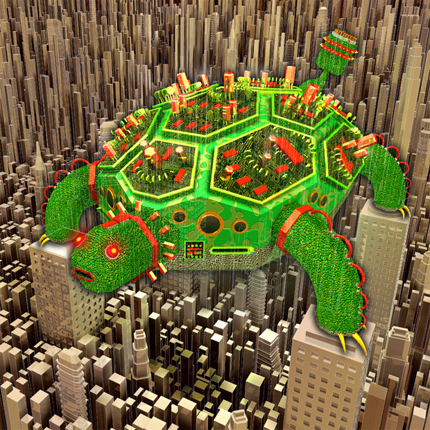 illustration-turtle-622 Green turtle romps on a golden cityscape looking for you