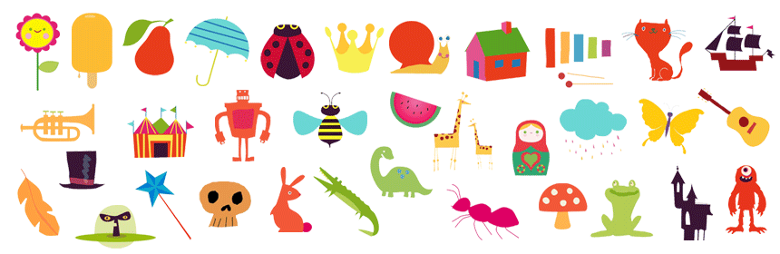 Flower, a ladybug, a yellow crown, an orange robot,a green crocodile, a horn, a black top hat, a mushroom and more... Storytelling dice game templates patterns