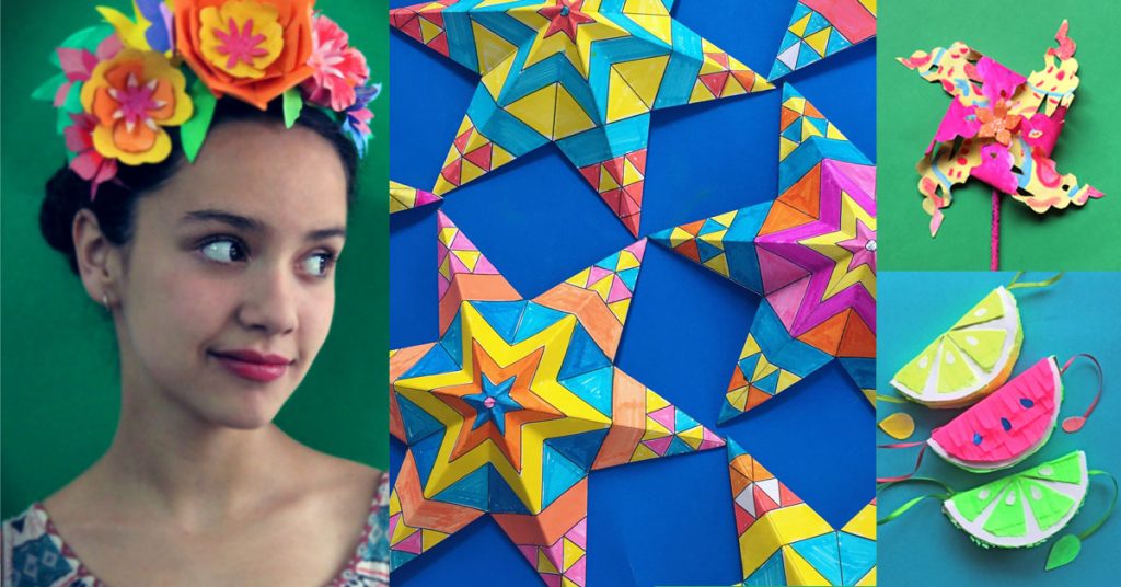 5 de Mayo Holiday craft activity worksheets: Papel picado, pinatas, color in Mexican paper stars and colored paper flowers!