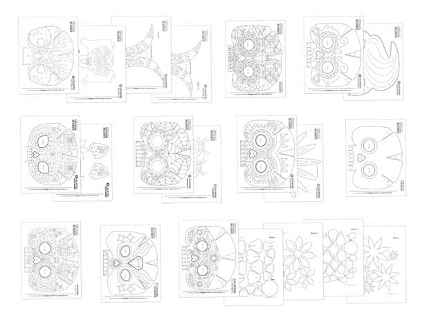 Plantillas de máscaras imprimibles de calavera en blanco y negro para colorear y hacer