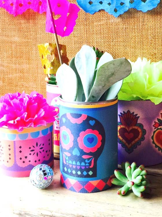 Easy DIY Day of the Dead centerpiece: Tin can labels!
