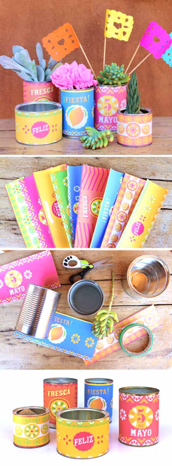 Papercraft decorations for Cinco de Mayo: Printable tin can labels and papel picado flags!