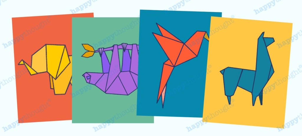 Elephant, parrot, llama and sloth animals for 4 Printable origami animal Wall Art prints by Happythought 4 Printable origami animal Wall Art prints by Happythought