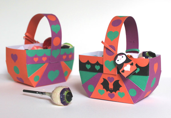 Spooky Halloween papercraft basket templates and instructions. Homemade party decoration templates, ideas, patterns and cutouts