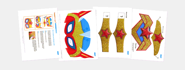 Templates for superhero masks: Galaxy, Bolt, Rapido, Mirage, Insecto, Warrior, Robotron, Green Wonder, Wild Storm and Machine.
