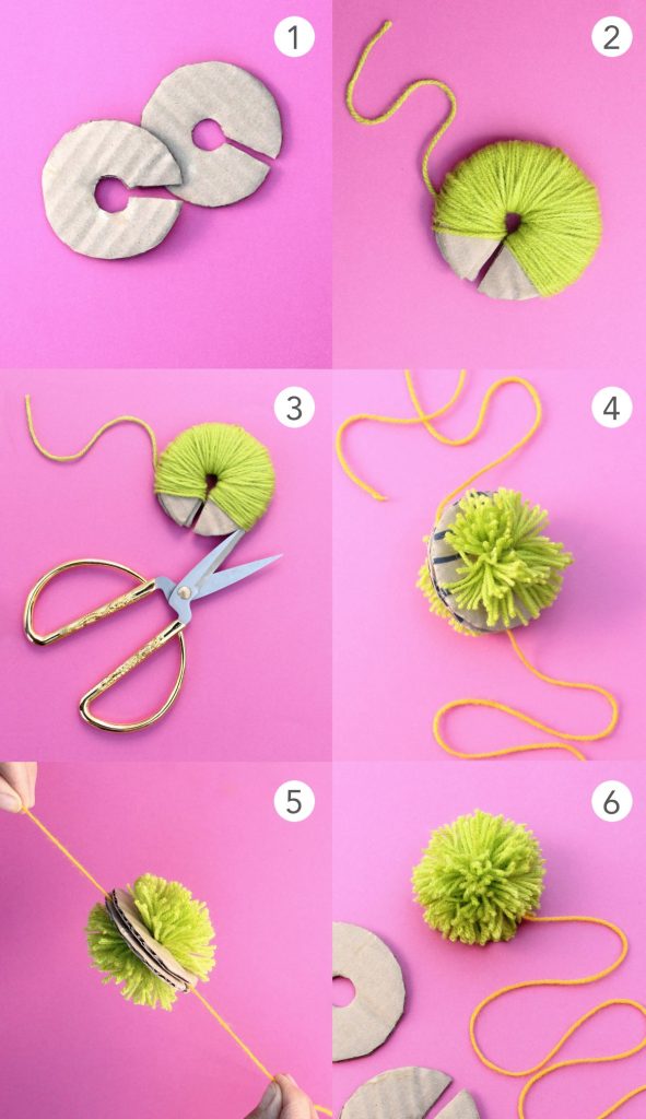 use cardboard template to make this DIY pom-pom from wool or yarn