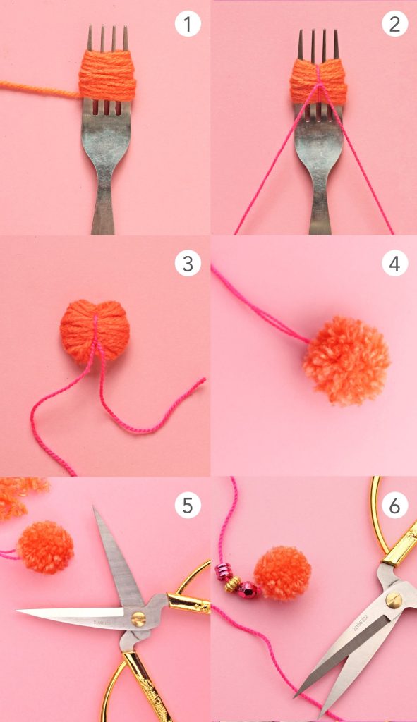 Mini pom-poms using a fork and wool or yarn
