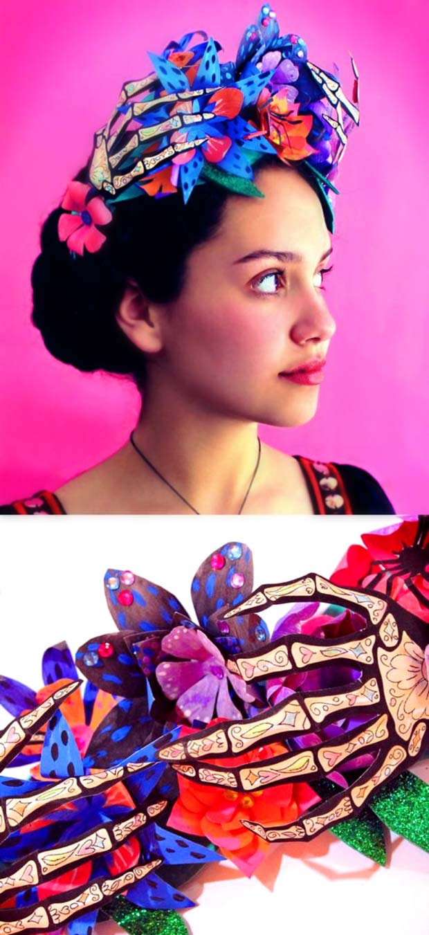Paper flower crown paper skeleton and a paper spider flower crown