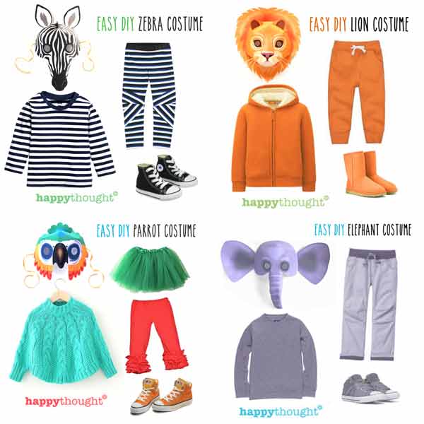 Máscaras de animales salvajes: León, hipopótamo, elefante, serpiente, jirafa, tigre, mono, leopardo, cocodrilo y zebra.