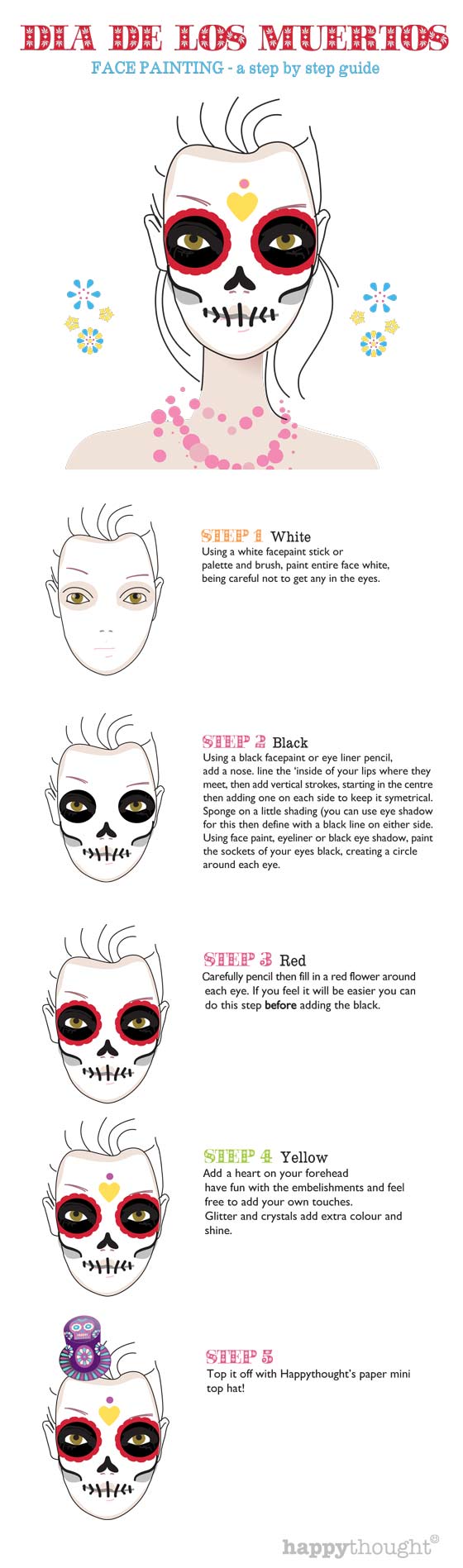 Skull face paint tutorial steps: Calavera sugar skull idea!